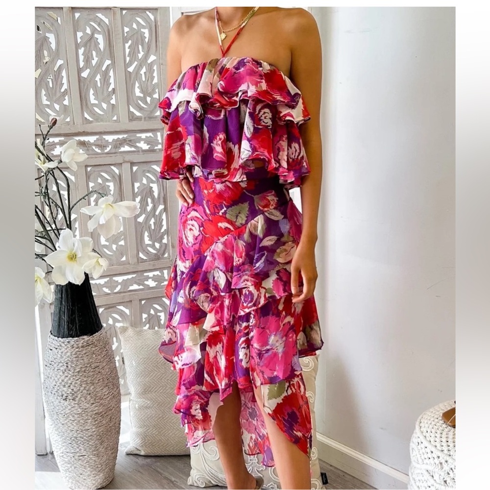 NWT MISA Los Angeles Sofia 2- piece Floral Strapless Ruffle Dress